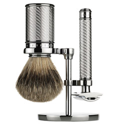 Add a special addition to your bathroom counter with the Safety Razor Set. This magnificent duo helps to achieve only the cleanest and closest shave you could possibly get. Its Silver Tip Badger Brush creates a rich lather, lifting up facial hair, prepping it for the shave. The Double-Edge Safety Razor glides smoothly, trimming and cutting your facial hair. Handles are made of brass and nickel-plated, finished with a manly chrome look.